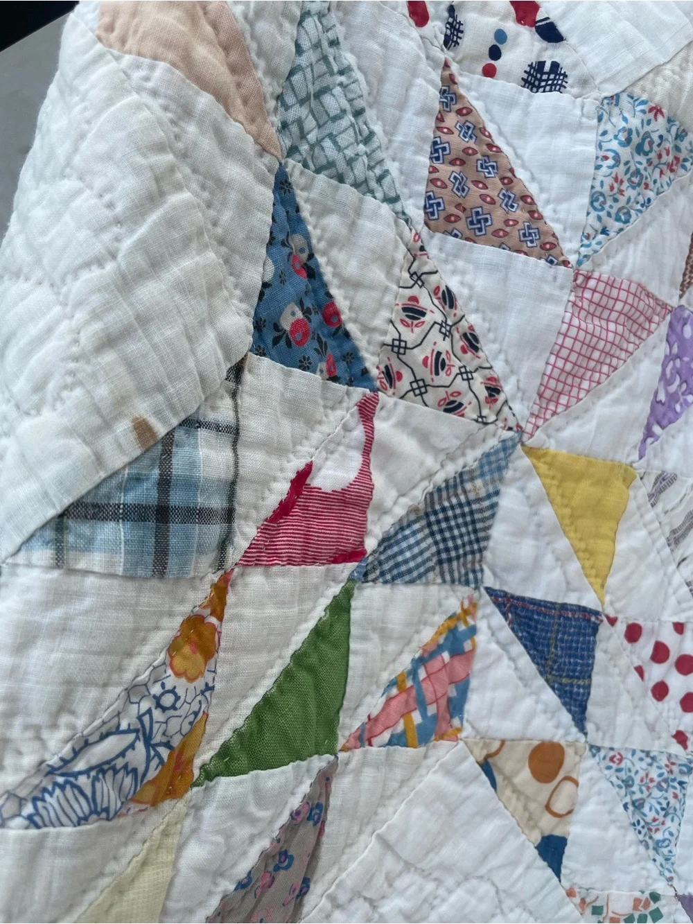 Vintage Feedsack Ocean Wave Quilt Hand Quilted 82x70 Cottage Farmhouse